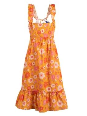 NWT Maison Me Orange Yellow Pink Retro Floral Mara Dress Ruffle Shoulders